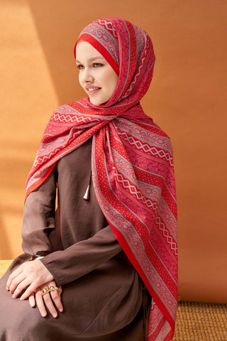Riva Şal Tencel Ethnic Way Bayrak Kırmızısı - Riva Şal - | Silk Home