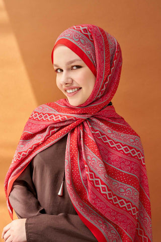Riva Şal Tencel Ethnic Way Bayrak Kırmızısı - Riva Şal - | Silk Home