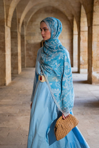 Riva Şal Tencel Floral Gök Mavisi - Riva Şal - | Silk Home