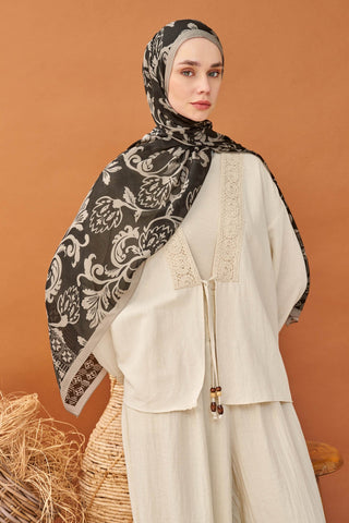 Riva Şal Tencel Floral Siyah - Riva Şal - | Silk Home