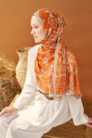 Riva Şal Tencel Floral Turuncu - Riva Şal - | Silk Home