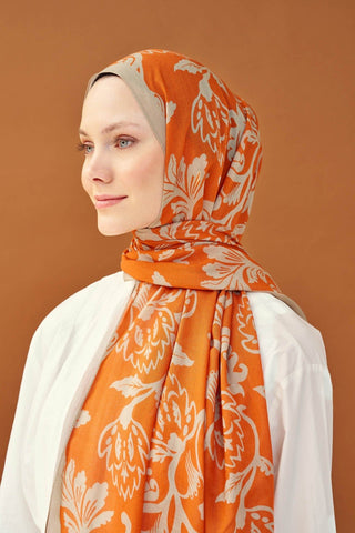 Riva Şal Tencel Floral Turuncu - Riva Şal - | Silk Home