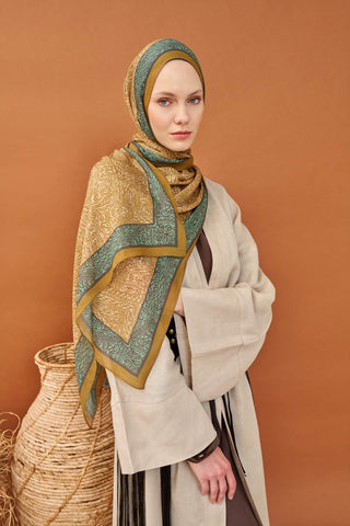 Riva Şal Tencel Güpür Desen Zeytin Yeşili - Riva Şal - | Silk Home