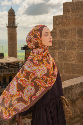 Riva Şal Tencel Paisley Kahverengi - Riva Şal - | Silk Home