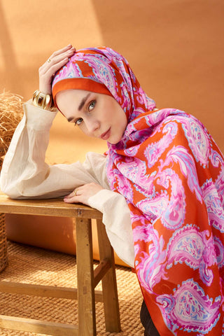 Riva Şal Tencel Paisley Turuncu - Riva Şal - | Silk Home
