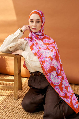 Riva Şal Tencel Paisley Turuncu - Riva Şal - | Silk Home