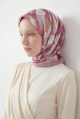 Shiny Dokulu Eşarp Lila Gri Geometrik Desen Su Tutmaz Parlak 90X90 - Shinny Eşarp - | Silk Home