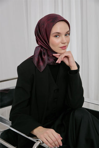 Polyester Karışımlı Shiny Eşarp Bordo Etnik Desenli Parlak Dokulu 90X90 - Shinny Eşarp - | Silk Home