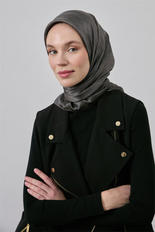 Shiny Textured Scarf, Smoke Grey, Ethnic Gradient, Shiny, Water-Repellent, 90x90 cm