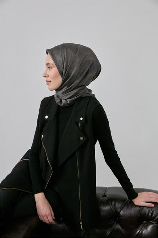 Shiny Textured Scarf, Smoke Grey, Ethnic Gradient, Shiny, Water-Repellent, 90x90 cm