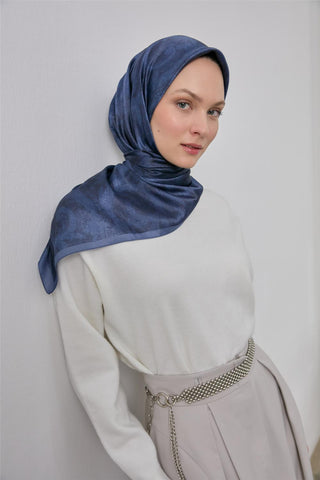 Polyester Karışımlı Shiny Eşarp İndigo Etnik Desenli Parlak Dokulu 90X90