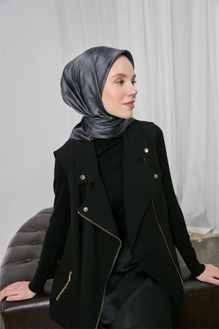 Shiny Dokulu Eşarp Mavi Gri Etnik Desen Su Tutmaz Parlak 90X90 - Shinny Eşarp - | Silk Home