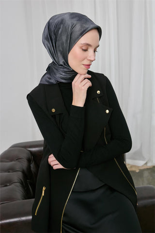 Shiny Dokulu Eşarp Mavi Gri Etnik Desen Su Tutmaz Parlak 90X90 - Shinny Eşarp - | Silk Home