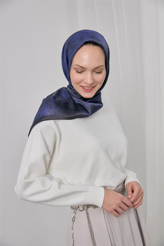 Polyester Karışımlı Shiny Eşarp Morcivert Etnik Desenli Parlak Dokulu 90X90