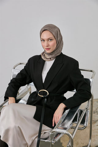 Polyester Blend Shiny Scarf, Mink Ethnic Pattern, Shiny Texture, 90x90 cm