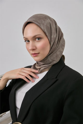 Polyester Karışımlı Shiny Eşarp Vizon Etnik Desenli Parlak Dokulu 90X90
