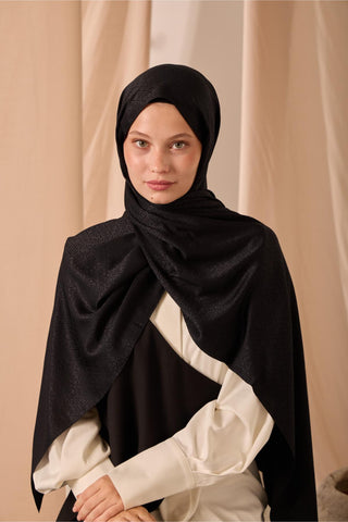 Deluxe Şal Siyah Jakarlı Tok Duruşlu Viskon Karışımlı 75X190