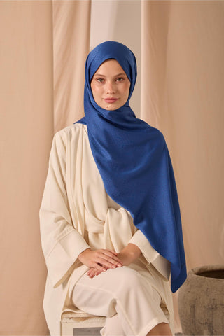 Deluxe Şal Mavi Jakarlı Tok Duruşlu Viskon Karışımlı 75X190