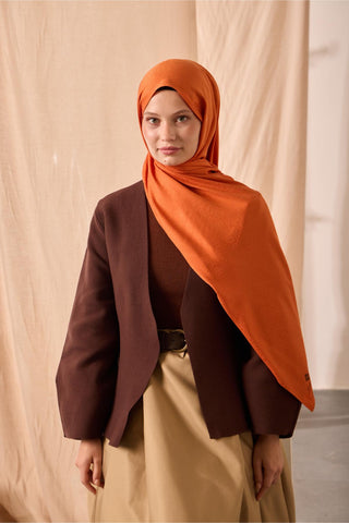 Deluxe Şal Turuncu Jakarlı Tok Duruşlu Viskon Karışımlı 75X190