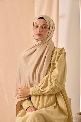 Deluxe Şal Bej Jakarlı Tok Duruşlu Viskon Karışımlı 75X190