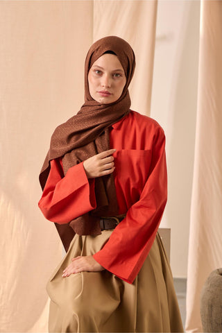 Deluxe Şal Kızıl Kahve Jakarlı Yüzey Viskon Karışımlı Tok Duruşlu 75X190