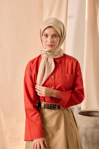 Shiny Textured Scarf, Plain Beige, Shiny Texture, Water and Stain Resistant, 90x90 cm.