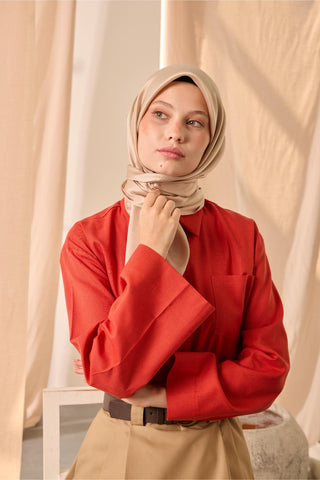 Shiny Textured Scarf, Plain Beige, Shiny Texture, Water and Stain Resistant, 90x90 cm.