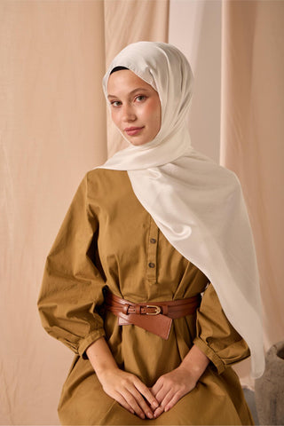 Janjan Shawl, Single-Sided, White, Self-Stringed Textured, Shiny Surface, 75x190 cm