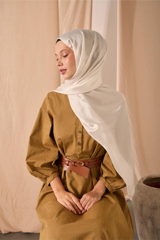 Janjan Shawl, Single-Sided, White, Self-Stringed Textured, Shiny Surface, 75x190 cm