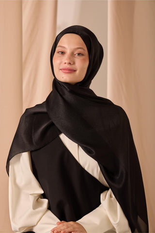 Janjan Shawl, Single-Sided, Black, Self-Stringed Textured, Glossy Surface, 75x190 cm.