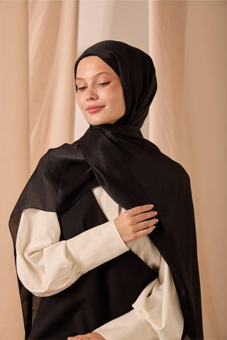 Janjan Shawl, Single-Sided, Black, Self-Stringed Textured, Glossy Surface, 75x190 cm.