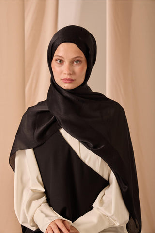 Janjan Shawl, Single-Sided, Black, Self-Stringed Textured, Glossy Surface, 75x190 cm.