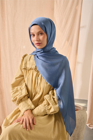 Janjan Şal Tek Taraflı Mavi Kendinden Çizgi Dokulu Parlak Yüzeyli 75X190