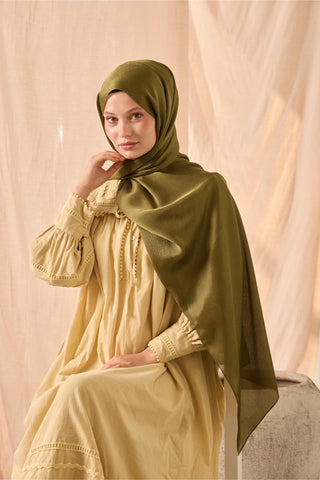 Janjan Şal Tek Taraflı Kına Yeşili Kendinden Çizgi Dokulu Parlak Yüzeyli 75X190