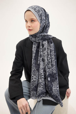 Urban Hours Floral Motif Desen Açık Gri Mayda Şal 190x70 - Mayda Şal - | Silk Home