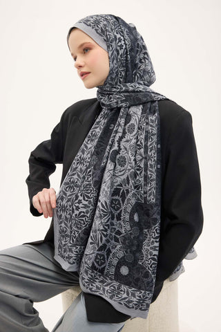 Urban Hours Floral Motif Desen Açık Gri Mayda Şal 190x70 - Mayda Şal - | Silk Home