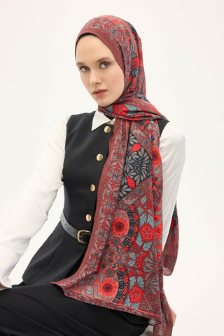 Urban Hours Floral Motif Desen Bordo Mayda Şal 190x70 - Mayda Şal - | Silk Home
