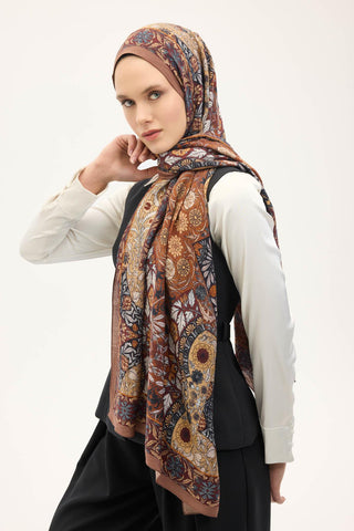 Urban Hours Floral Motif Desen Sütlü Kahve Mayda Şal 190x70 - Mayda Şal - | Silk Home