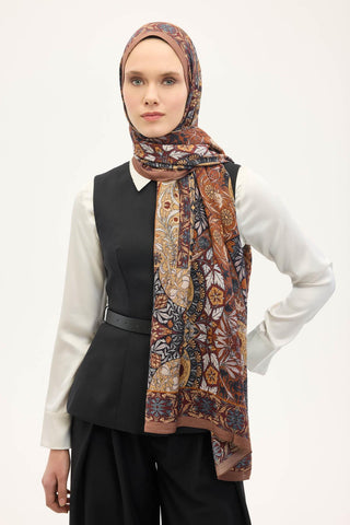 Urban Hours Floral Motif Desen Sütlü Kahve Mayda Şal 190x70 - Mayda Şal - | Silk Home