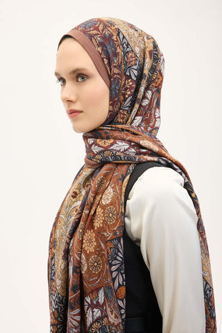 Urban Hours Floral Motif Desen Sütlü Kahve Mayda Şal 190x70 - Mayda Şal - | Silk Home