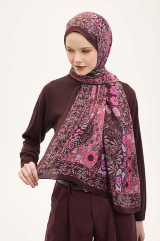 Urban Hours Floral Motif Desen Koyu Mürdüm Mayda Şal 190x70 - Mayda Şal - | Silk Home