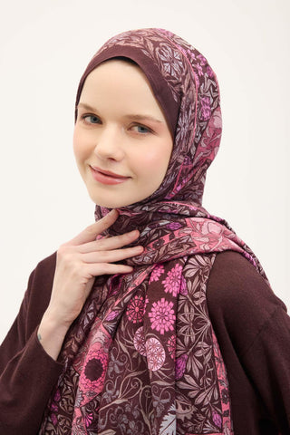 Urban Hours Floral Motif Desen Koyu Mürdüm Mayda Şal 190x70 - Mayda Şal - | Silk Home