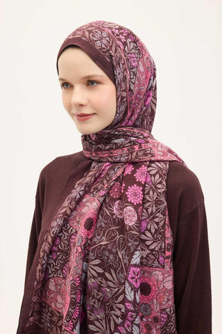 Urban Hours Floral Motif Desen Koyu Mürdüm Mayda Şal 190x70 - Mayda Şal - | Silk Home