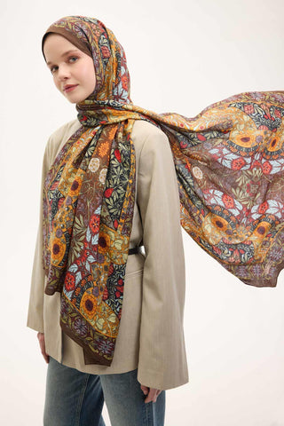Urban Hours Floral Motif Desen Koyu Acı Kahve Mayda Şal 190x70 - Mayda Şal - | Silk Home