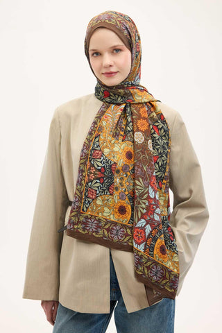 Urban Hours Floral Motif Desen Koyu Acı Kahve Mayda Şal 190x70 - Mayda Şal - | Silk Home