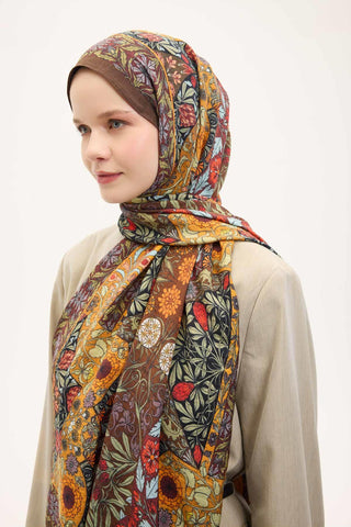 Urban Hours Floral Motif Desen Koyu Acı Kahve Mayda Şal 190x70 - Mayda Şal - | Silk Home
