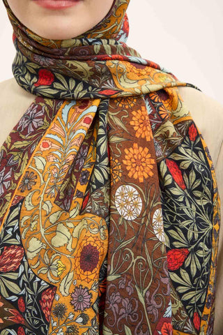 Urban Hours Floral Motif Desen Koyu Acı Kahve Mayda Şal 190x70 - Mayda Şal - | Silk Home