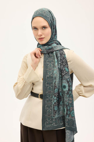 Urban Hours Floral Motif Desen Patina Yeşili Mayda Şal 190x70 - Mayda Şal - | Silk Home