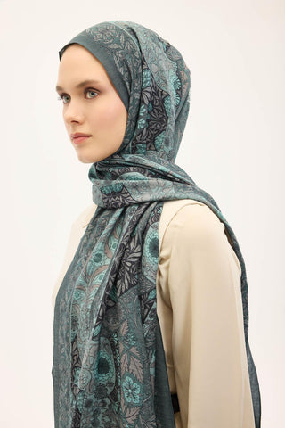 Urban Hours Floral Motif Desen Patina Yeşili Mayda Şal 190x70 - Mayda Şal - | Silk Home