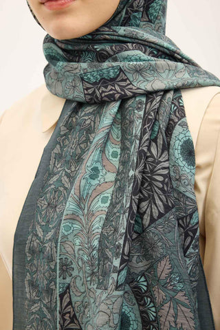 Urban Hours Floral Motif Desen Patina Yeşili Mayda Şal 190x70 - Mayda Şal - | Silk Home